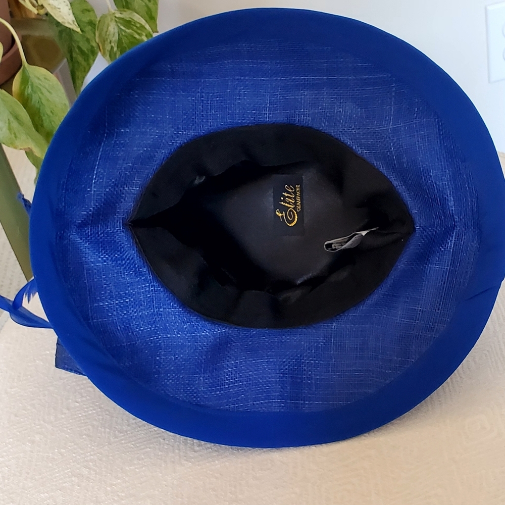 Elite Champagne Royal Blue Derby Church Hat Feathers/Floral Embellished, OS, EUC - Picture 8 of 16
